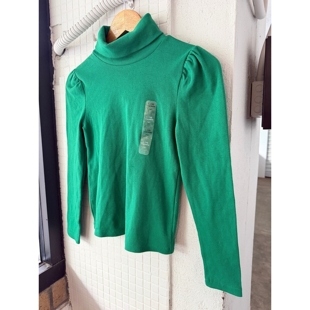 Gap Kids Girls Holiday Green Ribbed Puff Sleeve Turtleneck Top Size L 10 NWT - Picture 4 of 11